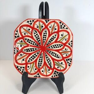 Moroccan Ceramic Plate Hand Painted Octagonal shape Flower Black Dots Decorative